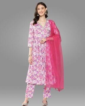 floral print angrakha kurta with pants & dupatta