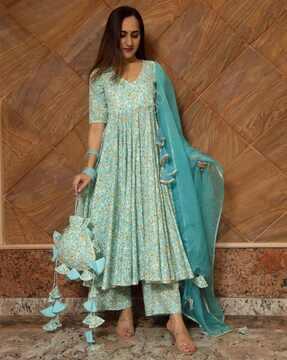 floral print angrakha kurta with pants & dupatta