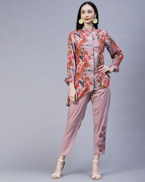 floral print assymetrical a-line shirt with pants