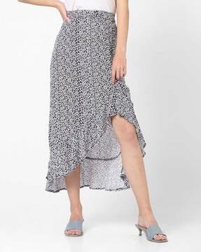 floral print asymmetric hem midi skirt