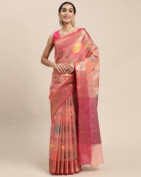 floral print banarasi organza saree with blouse piece