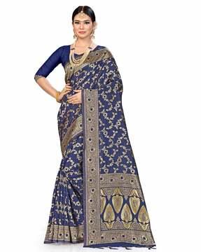 floral print banarasi saree with tassels