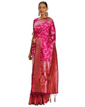 floral print banarasi saree with tassels