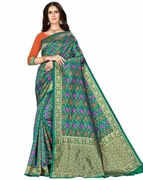 floral print banarasi saree with zari border