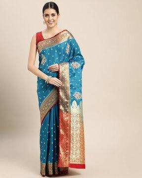 floral print banarasi silk saree with blouse piece