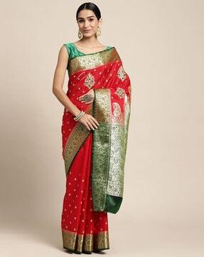 floral print banarasi silk saree with blouse piece