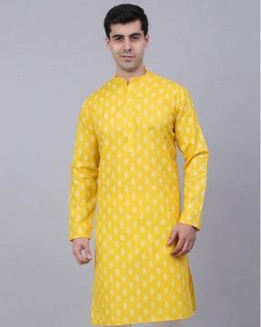 floral print band-collar long kurta