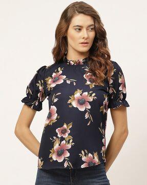 floral print band collar top