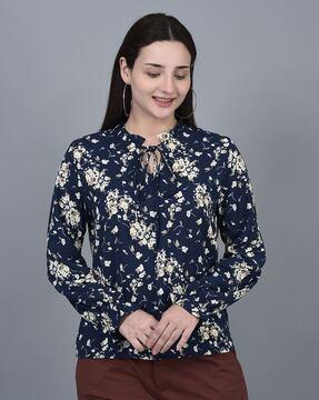 floral print band collared top