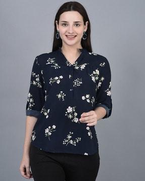 floral print band collared top