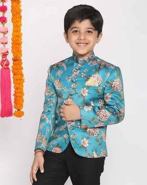floral print bandhgala suit with welt pocket