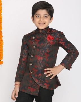 floral print bandhgala suit with welt pocket