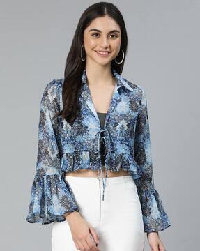 floral print bell sleeve crop top