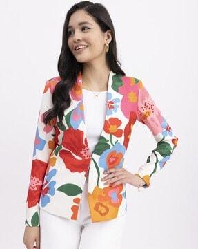 floral print blazer with welt pockets