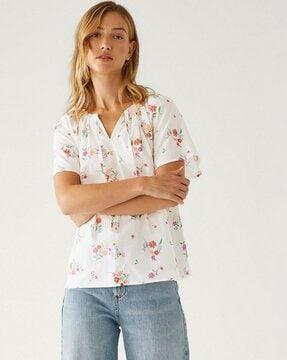 floral print blouse with neck tie-up