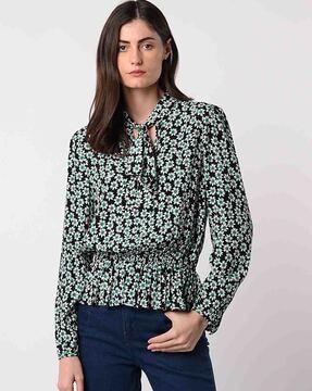 floral print blouse with tie-up