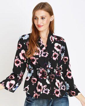 floral print blouse with tie-up