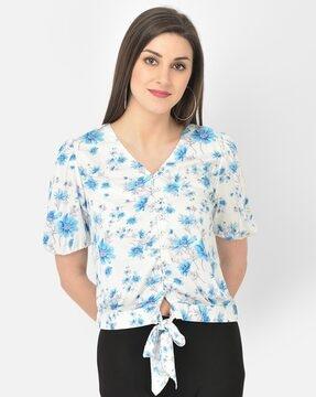 floral print blouse with tie-up