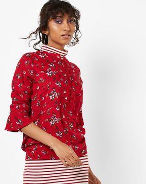 floral print blouson top with flounce sleeves