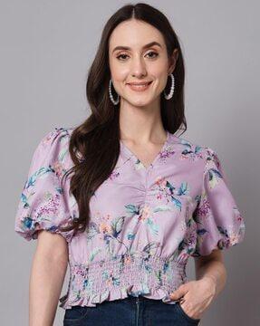 floral print blouson top with puff sleeves