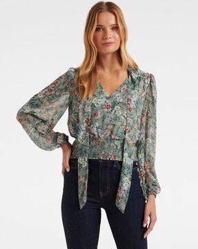 floral print blouson top with smocked-hem