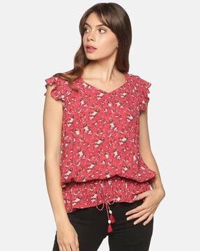 floral print blouson top with tie-up waist