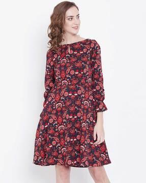 floral print boat-neck a-line dress