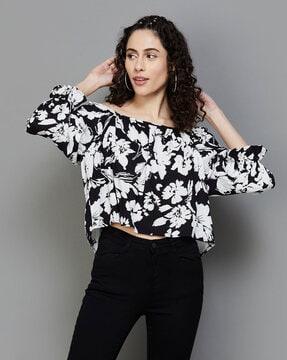 floral print boat-neck crop top