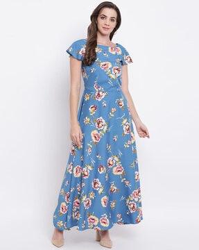 floral print boat-neck fit & flare dress