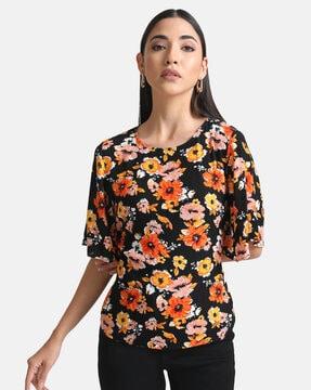 floral print boat-neck slim-fit top