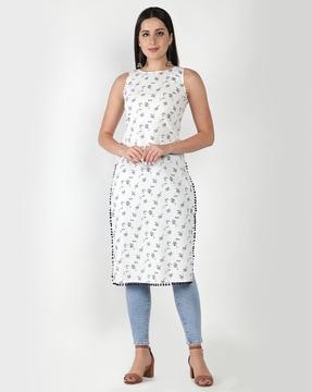 floral print boat-neck straight kurta