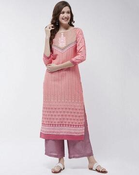 floral print boat-neck straight kurta