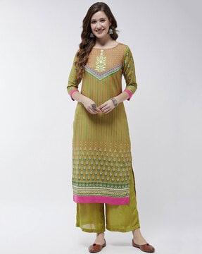 floral print boat-neck straight kurta