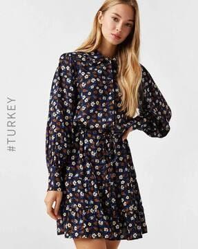 floral print button-down sheath dress with waist tie-up