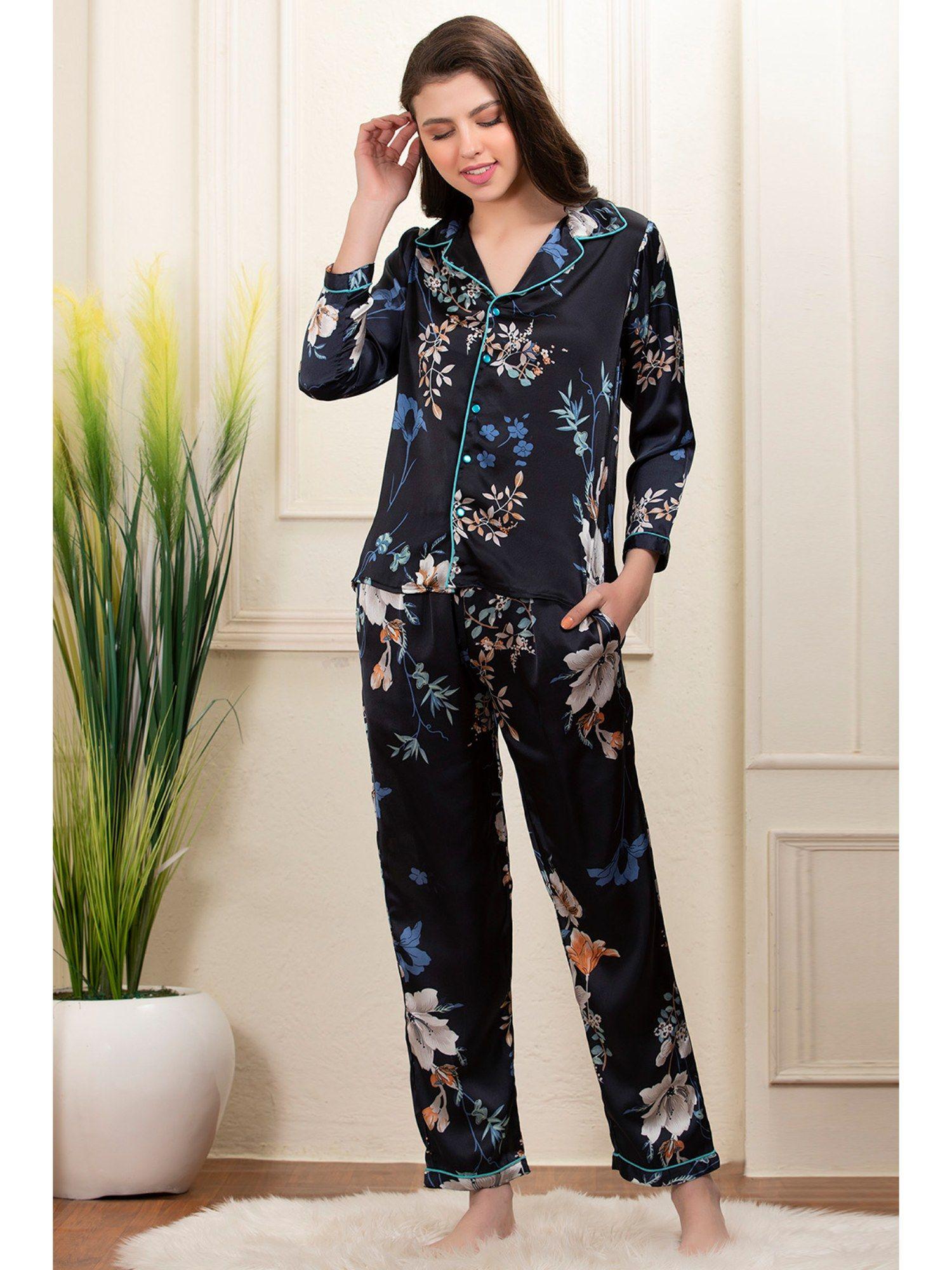 floral print button down shirt & pyjama set - blue