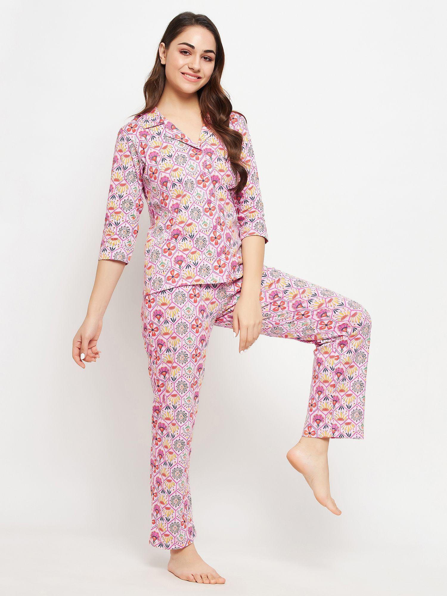 floral print button down shirt & pyjama set in pink- 100 percent cotton