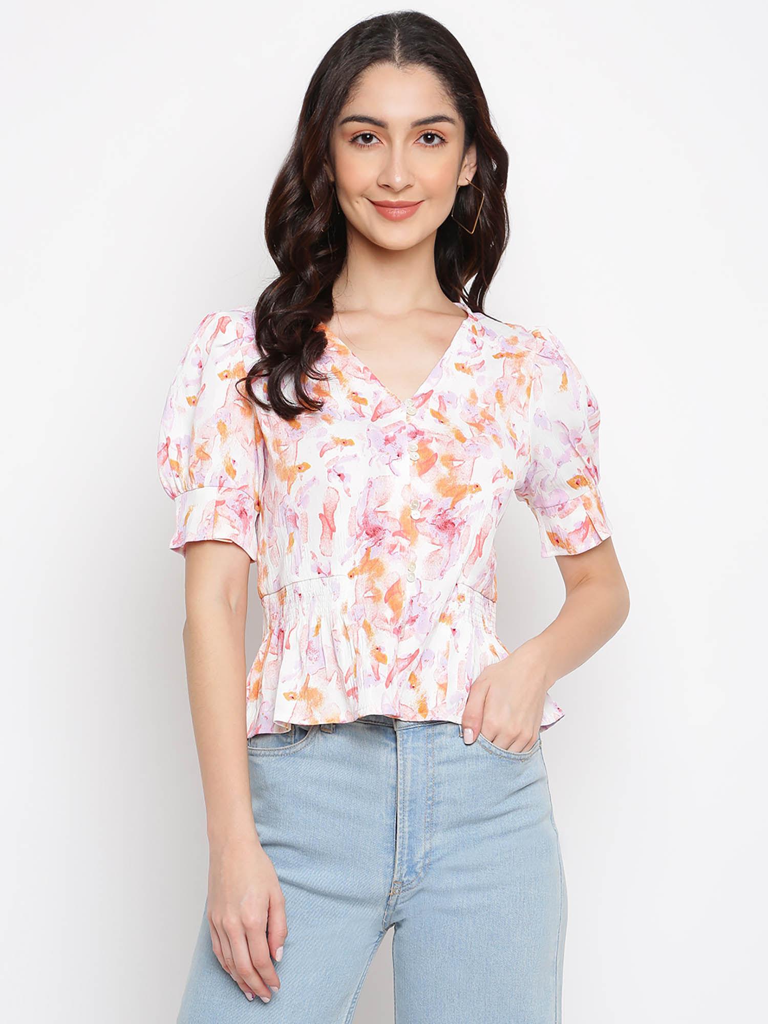 floral print button down top with puff sleeves