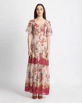 floral print button-front gown dress