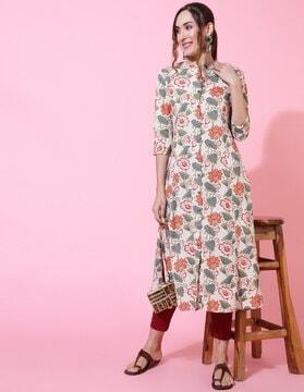 floral print button-front straight kurta