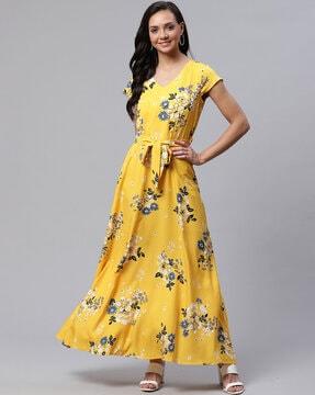 floral print cap sleeves gown