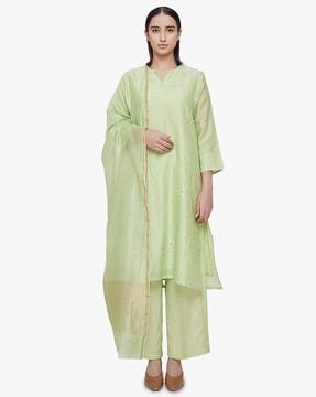 floral print chanderi straight kurta with palazzos