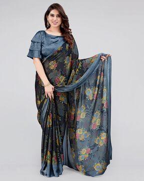 floral print chiffon saree with contrast border