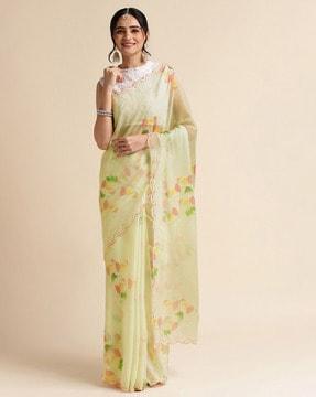 floral print chiffon saree with scalloped border