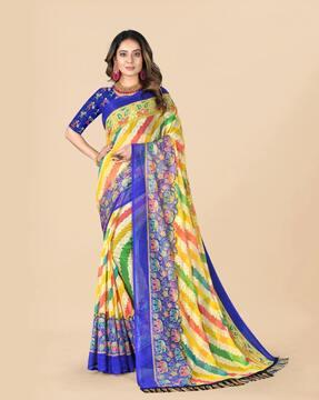 floral print chiffon saree with tassels