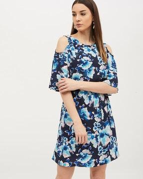 floral print cold-shoulder a-line dress