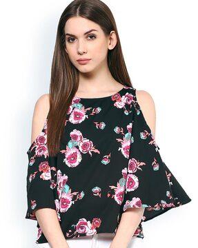 floral print cold-shoulder top