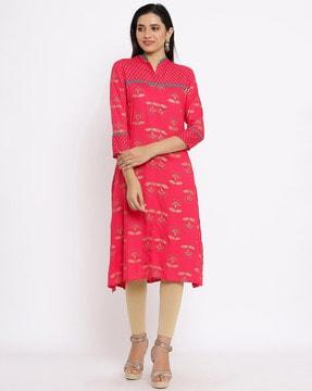 floral print collar-neck a-line kurta