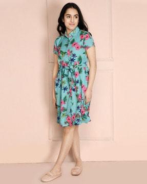floral print collar-neck fit & flare dress