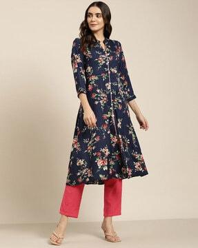 floral print collar-neck flared kurta