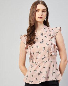 floral print collar-neck peplum top